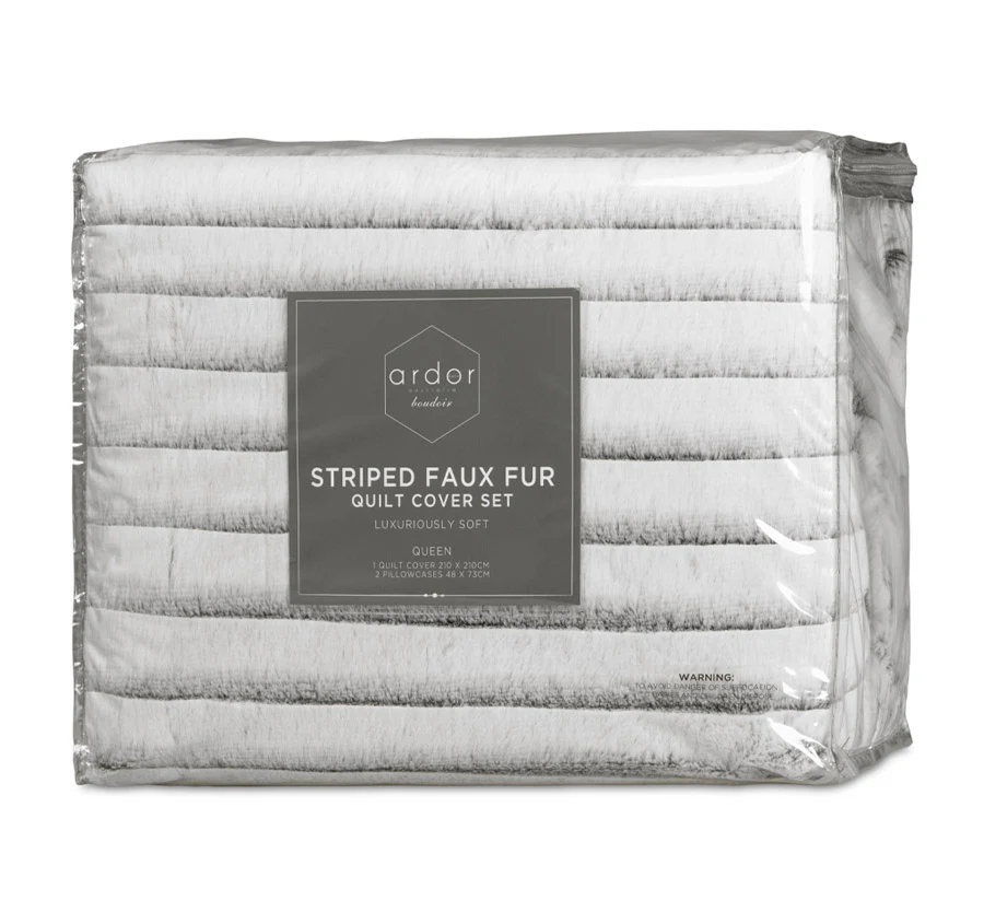 Striped Faux Fur Quilt Cover Set Range Grey - Image 5