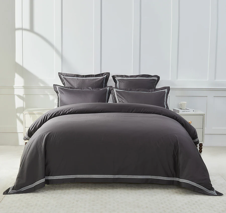 Signature 500TC Embroidered Egyptian Cotton Tailored European Pillowcase Charcoal Grey and Pure White - Image 4