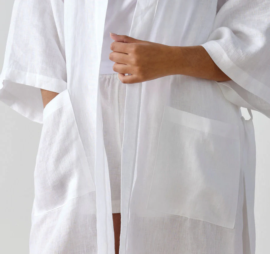 Nimes Linen One Size Short Bathrobe White - Image 2